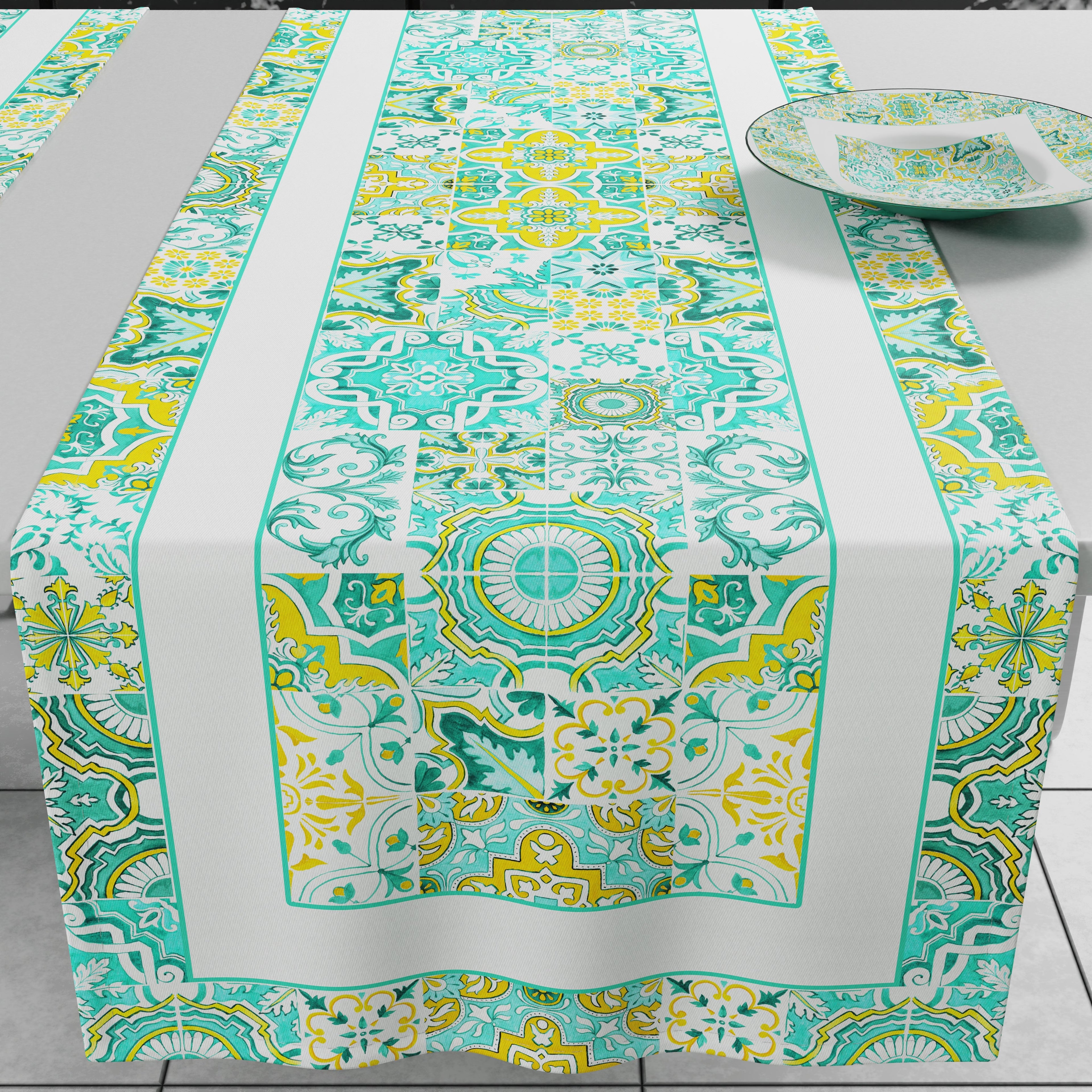 Runner Tavola Geometrico, Tovaglia Runner Geometrico, Runner Cucina Vietri 02 Verde Acqua